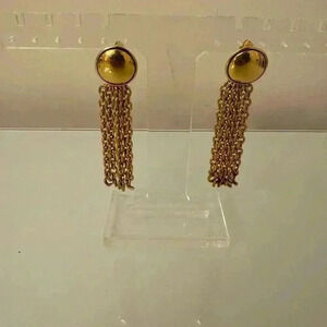 CHANEL Gold Plated Clip-On Chain Dangle/Button Earrings Vintage